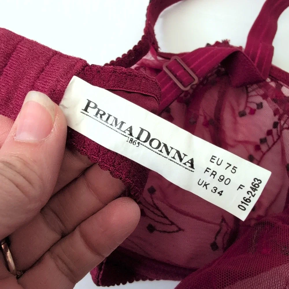 PrimaDonna Burgundy Floral Embroidered Sheer Mesh‎ No-Wire Bra 34F US UK 75F EU